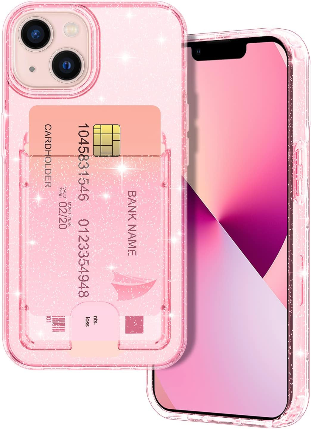 for Iphone 13 Wallet Case,Card Holder Slot Ultra Bling Slim Thin Clear Flexible TPU Gel Rubber Soft Skin Silicone Protective Phone Case Cover for Apple Iphone 13 Glitter Clear Pink