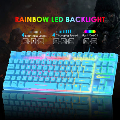 Gaming Keyboard and Mouse Combo, 88 Keys Compact Rainbow Backlit Mechanical Touch Keyboard, RGB Backlit 6400 DPI Lightweight Gaming Mouse with Honeycomb Case for Windows PC Gamers (Black)