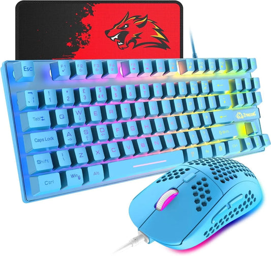 Gaming Keyboard and Mouse Combo, 88 Keys Compact Rainbow Backlit Mechanical Touch Keyboard, RGB Backlit 6400 DPI Lightweight Gaming Mouse with Honeycomb Case for Windows PC Gamers (Black)