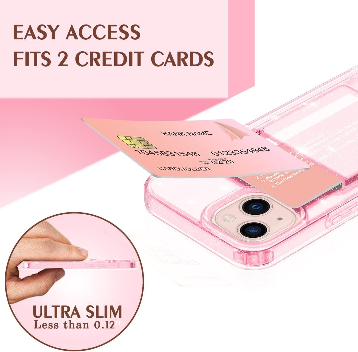 for Iphone 13 Wallet Case,Card Holder Slot Ultra Bling Slim Thin Clear Flexible TPU Gel Rubber Soft Skin Silicone Protective Phone Case Cover for Apple Iphone 13 Glitter Clear Pink