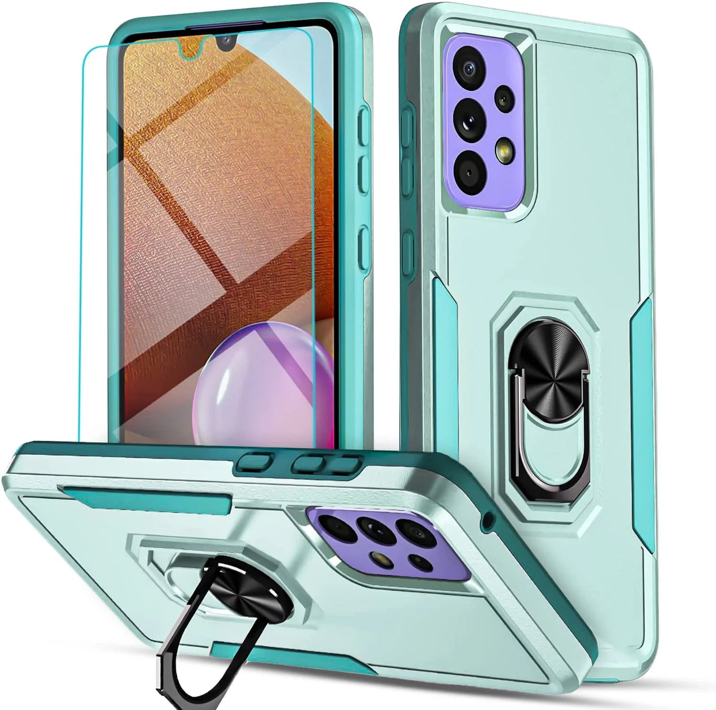 Case for Samsung Galaxy A33 5G, Tempered Glass Screen Protector, Ring Stand Armor Cover Case-Green