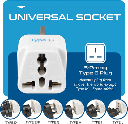 UK, Hong Kong, Ireland, UAE Travel Plug Adapter (Type G) - 3 Pack [Grounded & Universal] (GP-7-3PK)